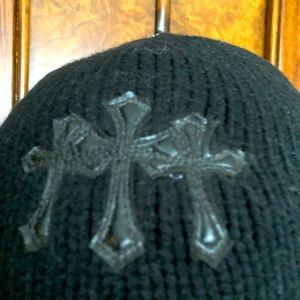 Chrome Hearts Unisex Beanie Black with leather crosses and stainless button